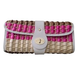 Kate Spade Straw & Leather Clutch Pink Brown Beige Twist Lock Bag 12x6" Raffia